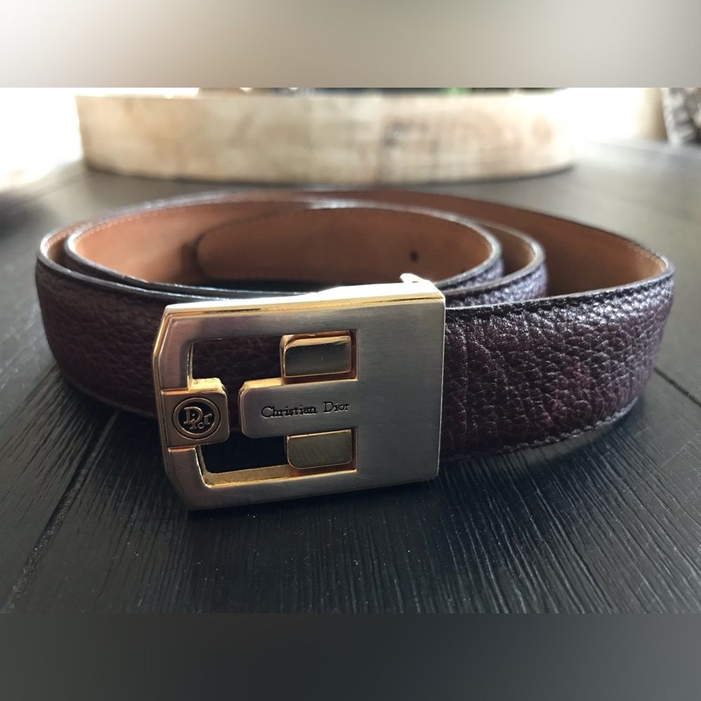 VTG Mens Christian Dior Monsieur Leather Belt Oxblood 36 Metal Buckle Luxury